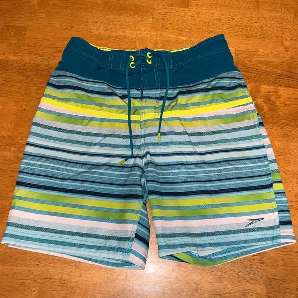Speedo Mens Blue Green White Swim Short Size Medium with Liner and Elastic Waist